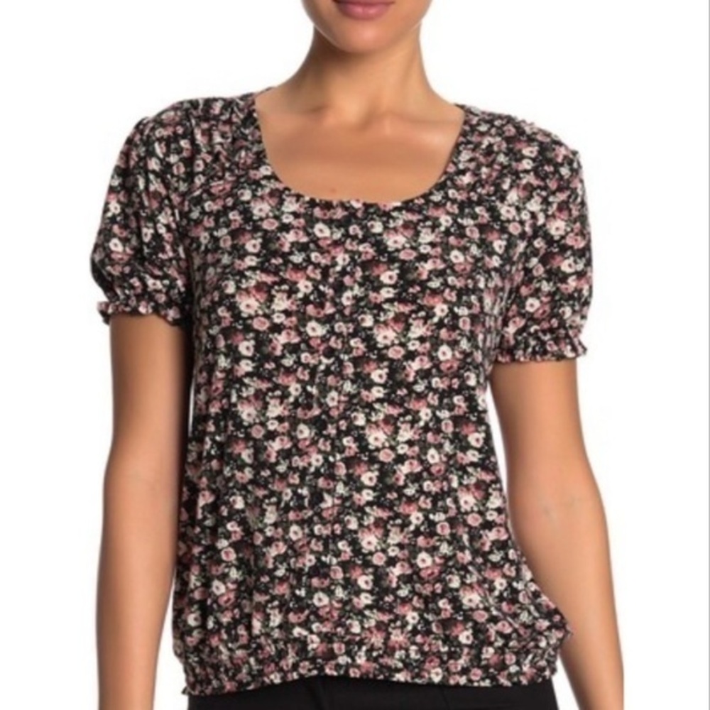 Catherine Malandrino Black & Pink Roses Short Elastic Sleeve Elastic Waist Small